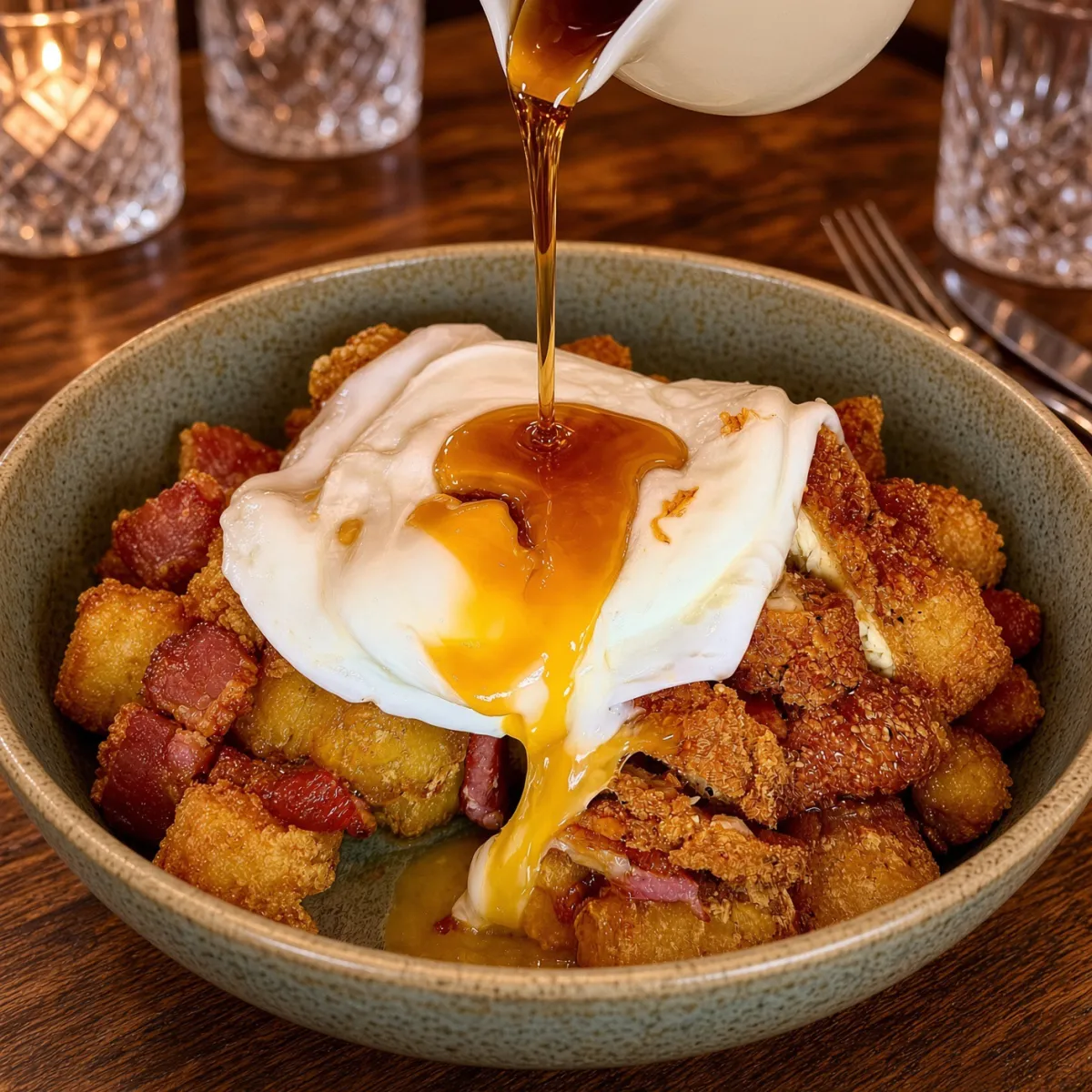 Maple syrup poured over Chicken & Crunch