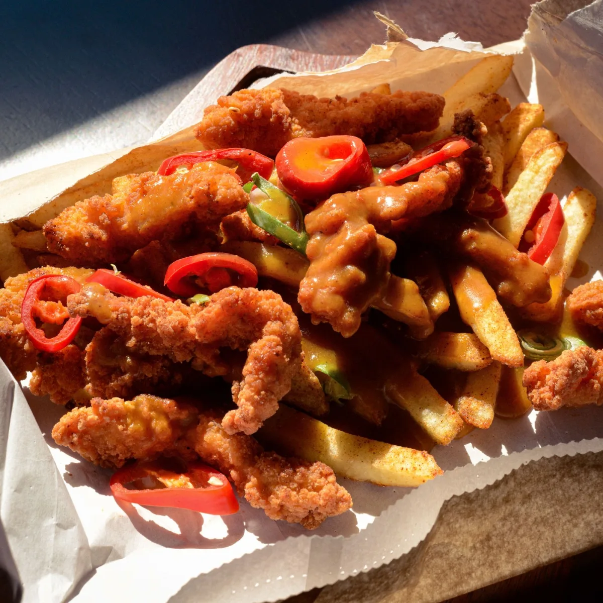 A chicken spice bag in its paper: crispy chicken, fries, chillies and curry sauce