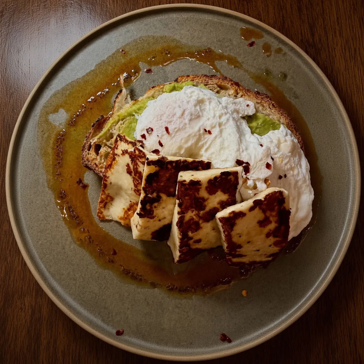 Smashed avocado and chilli eggs with grilled halloumi
